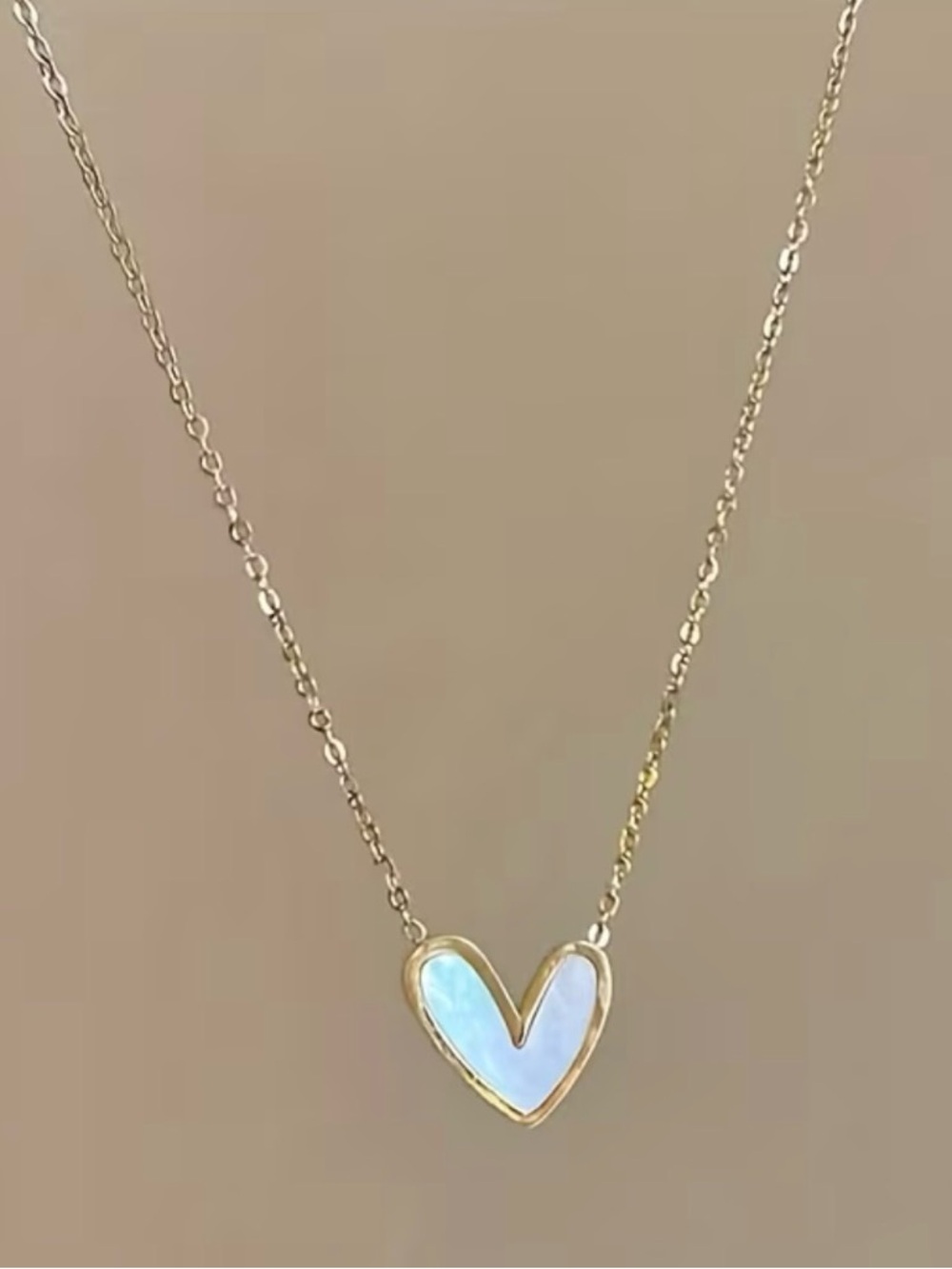 Gold Heart Pendant Necklace with White Iridescent Inlay